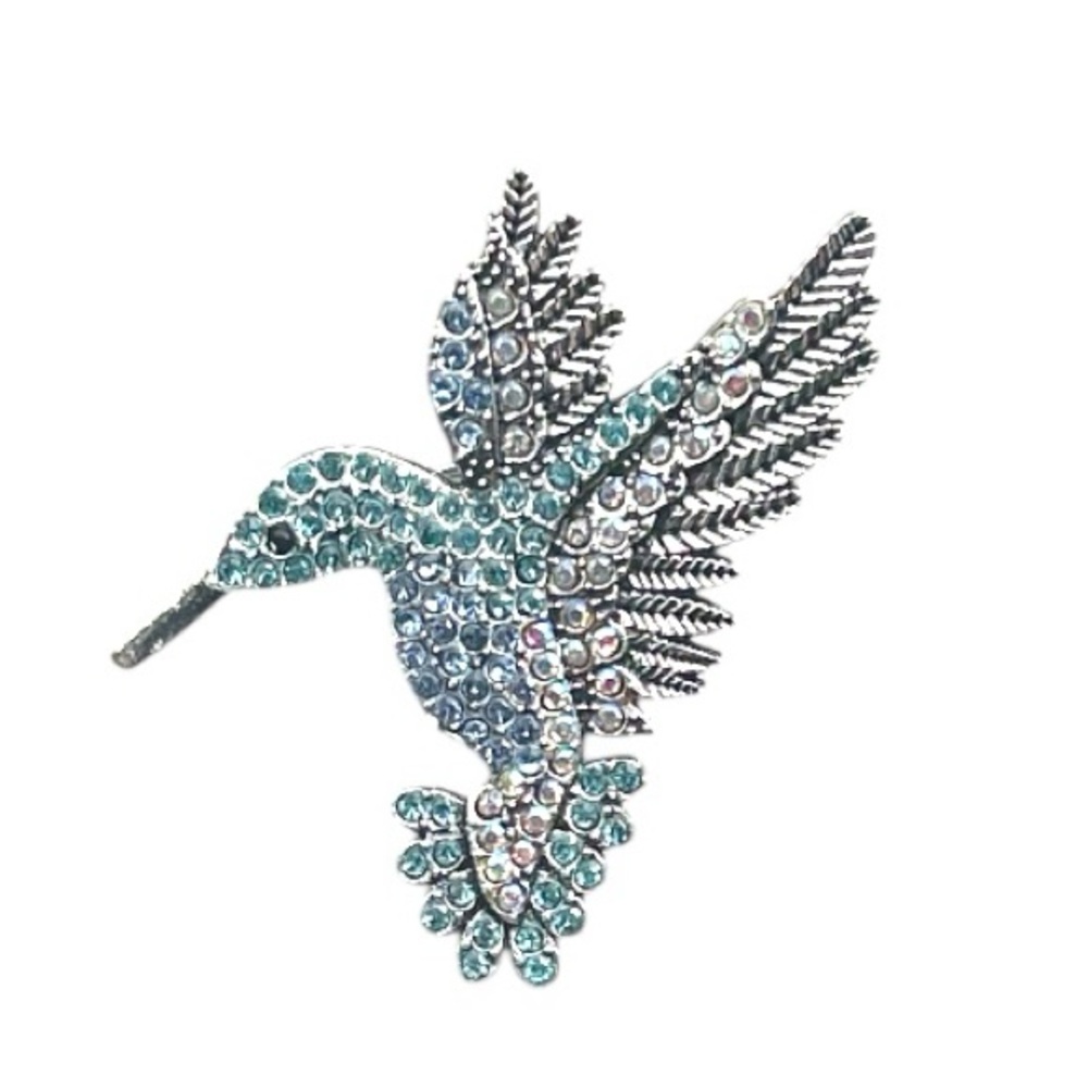 Stunning Hummingbird Silver Brooch with Sparkling Blue & White Rhinestones